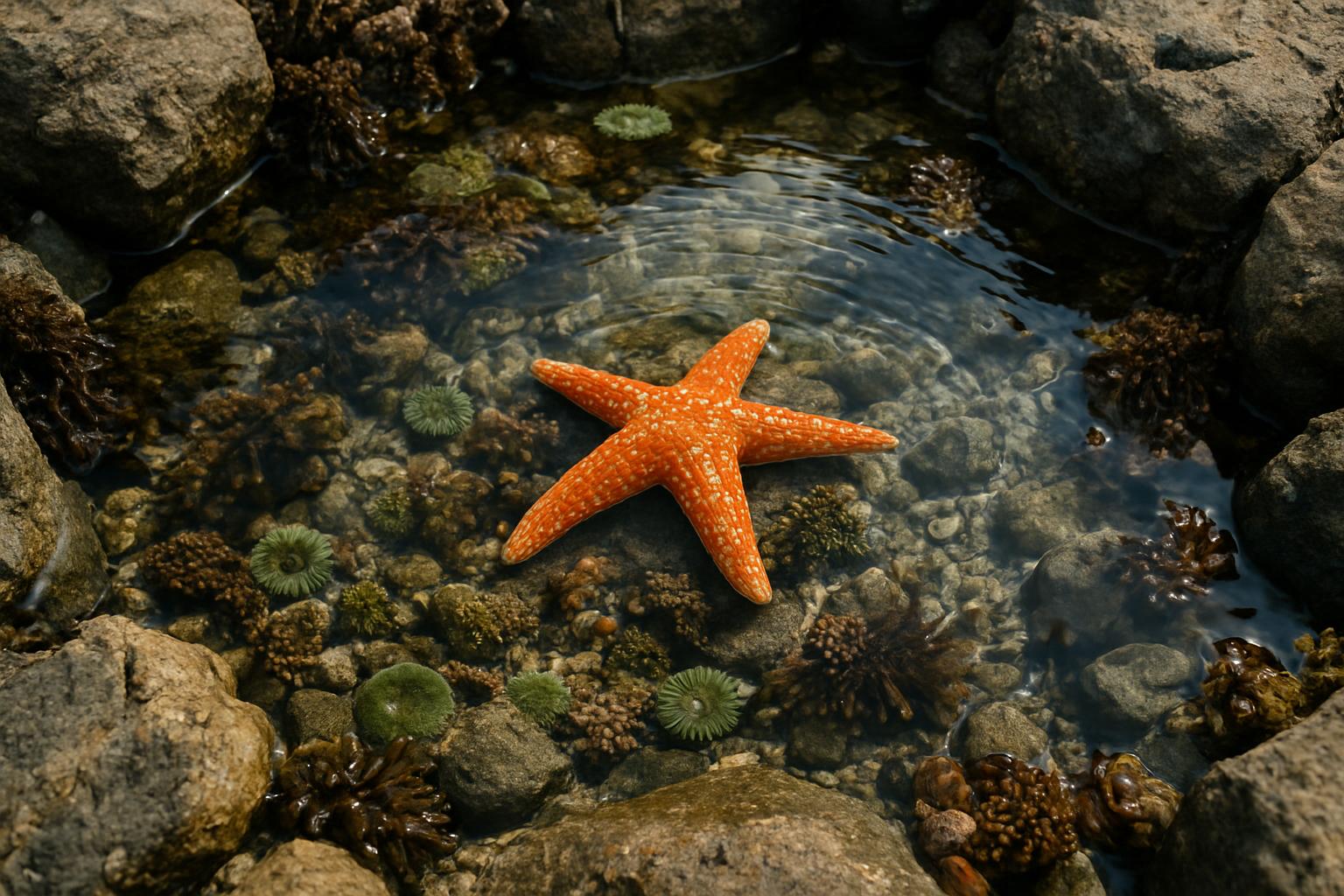 A starfish on a rocky beach surrounded by water and sea anemones.