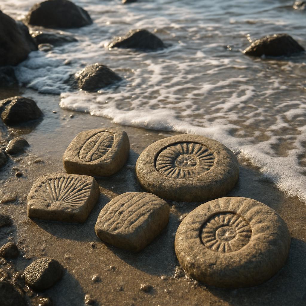 A fossilized sea urchin embedded in a rock formation near a rocky beach, surrounded by the ocean's waves.